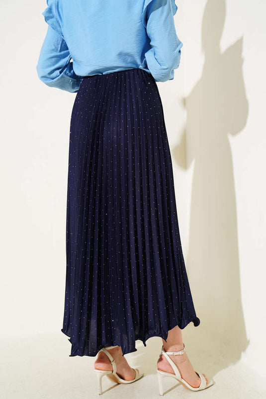 تنورة مطوية بأحجار صغيرة، أزرق داكن