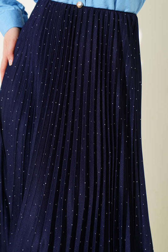 تنورة مطوية بأحجار صغيرة، أزرق داكن