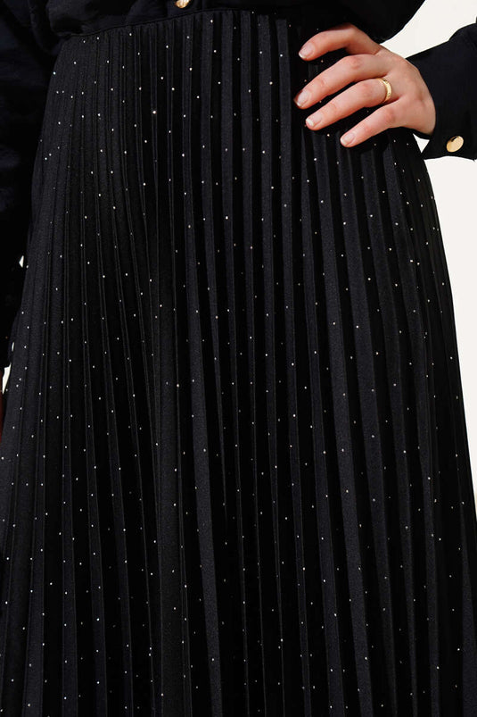 Pleated Skirt with Tiny Stones, Black