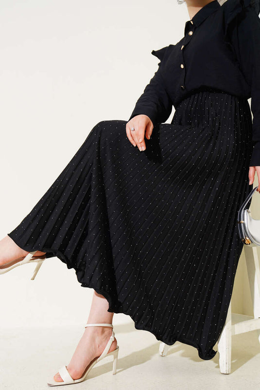 Pleated Skirt with Tiny Stones, Black