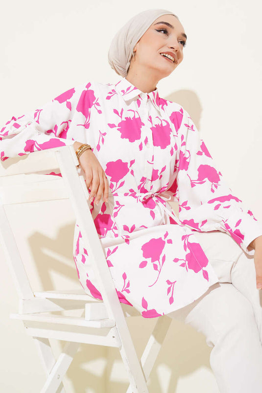 Chemise à ceinture à motif de petites feuilles, fuchsia