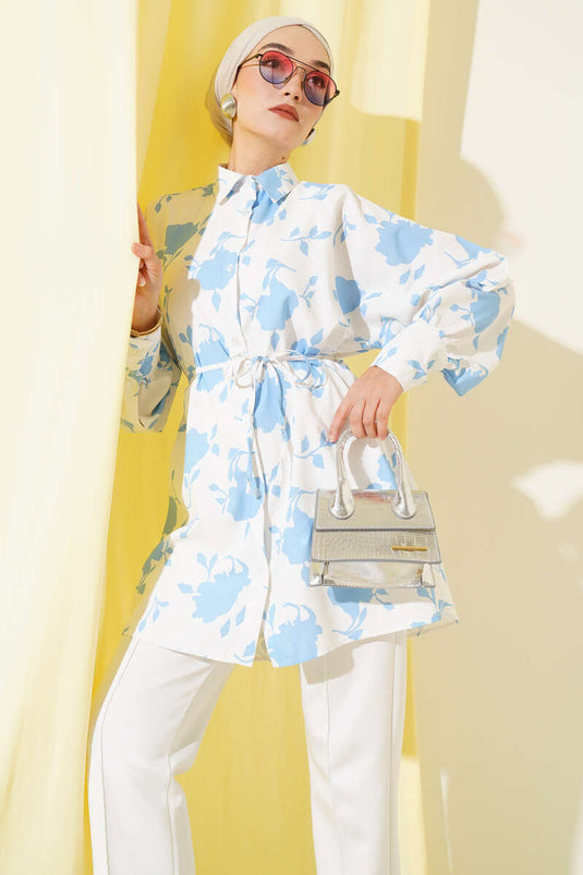 Minik Yaprak Desenli İp Kuşaklı Gömlek Mavi