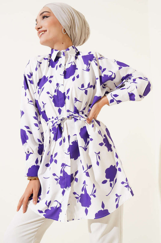 Chemise violette à motif de petites feuilles et cordon de serrage
