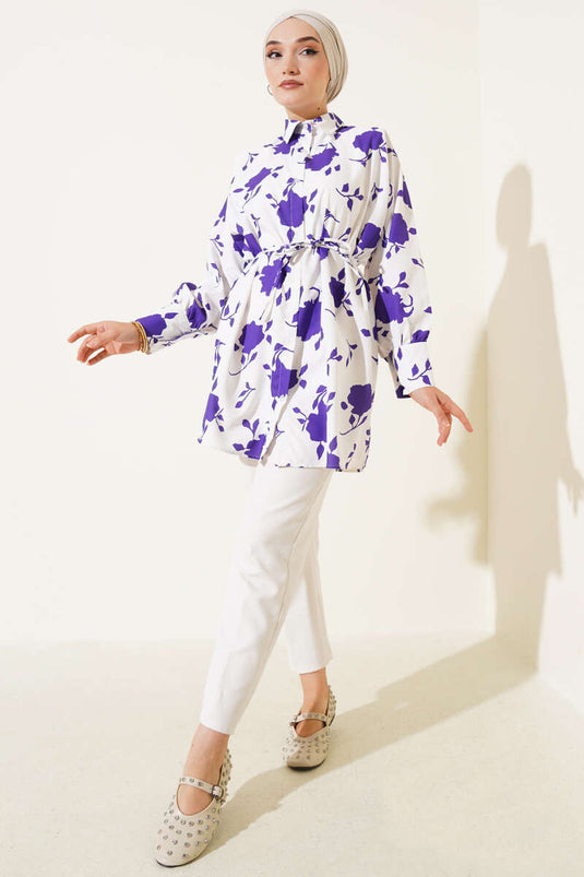 Chemise violette à motif de petites feuilles et cordon de serrage