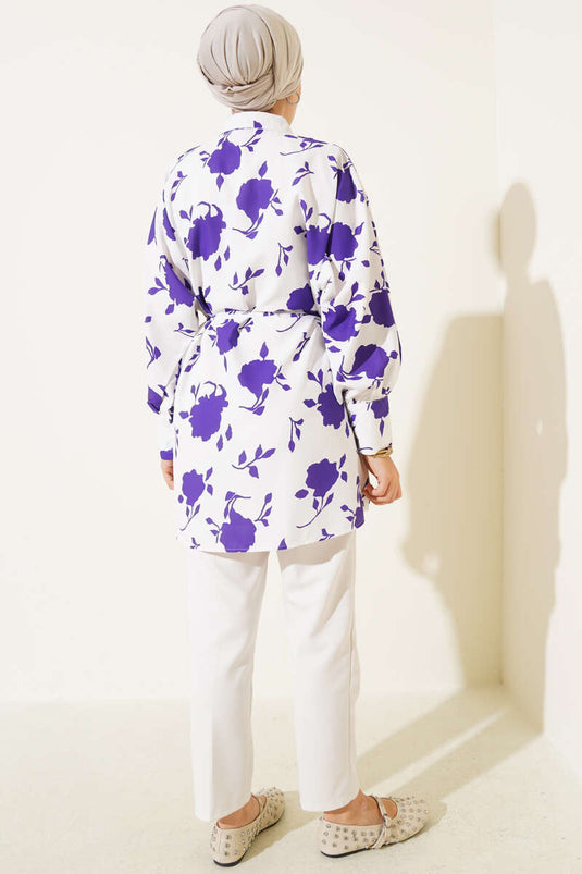 Chemise violette à motif de petites feuilles et cordon de serrage