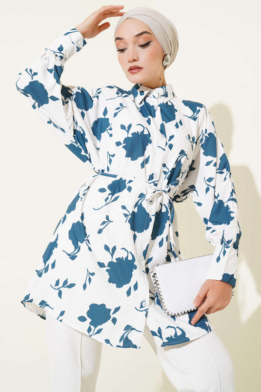 Chemise ceinturée à motif de petites feuilles, couleur pétrole