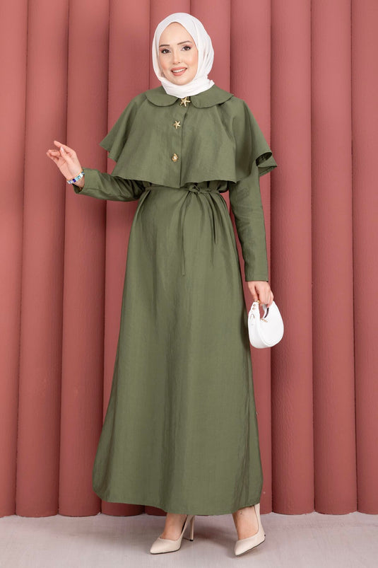 Minimal Cape Detailed Tie Dress in Pistachio Green