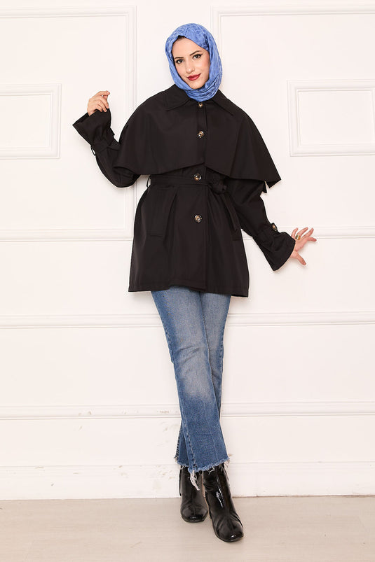 Trench-coat minimaliste avec ceinture et détails cape noir