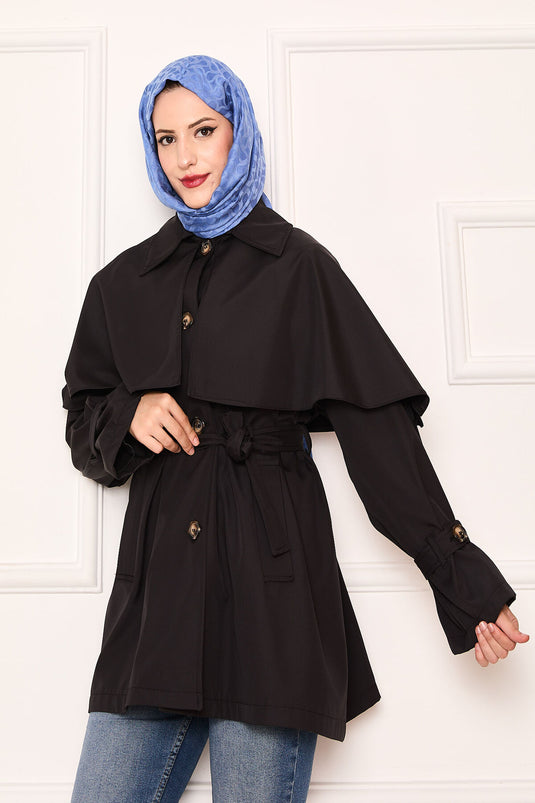 Trench-coat minimaliste avec ceinture et détails cape noir