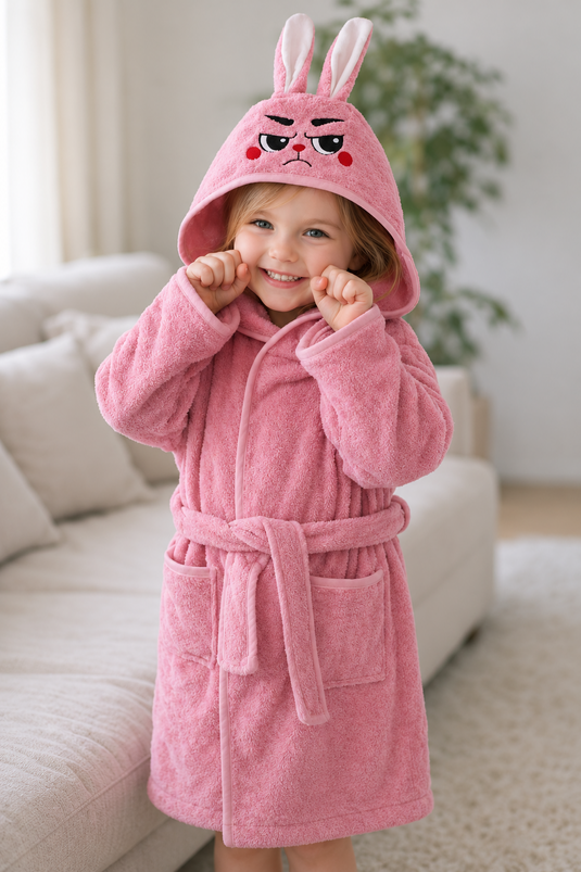 Miniş Kapüşonlu Kulaklı Çocuk Bornozu Pembe