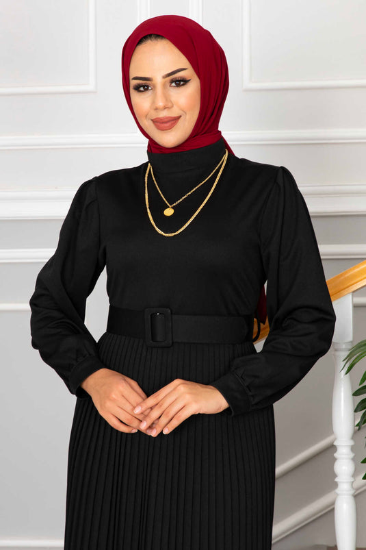 Esila-Rock, plissiertes Hijab-Kleid, Schwarz