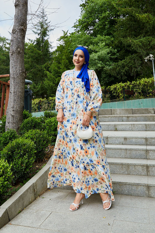 Modal Floral Patterned Hijab Dress Saxe