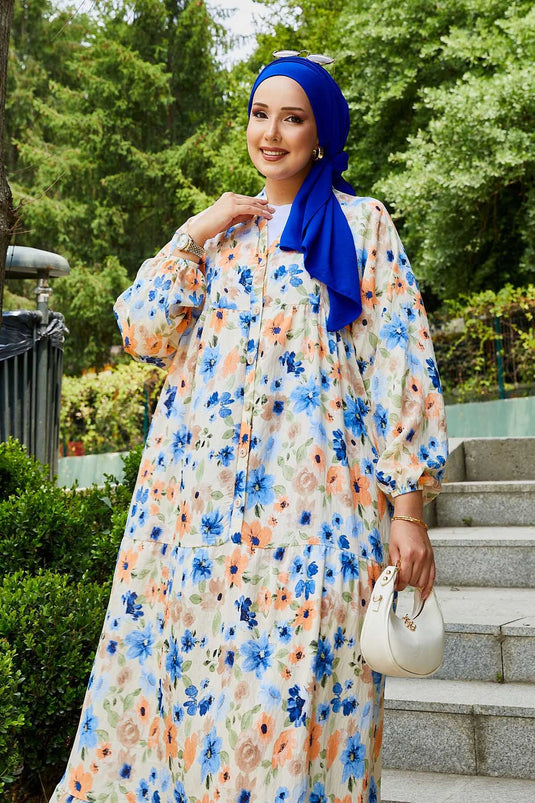 Modal Floral Patterned Hijab Dress Saxe