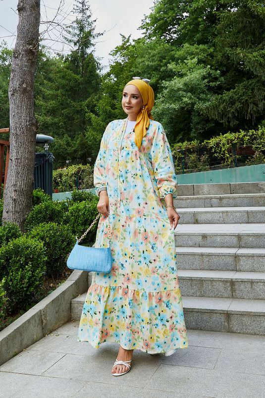 فستان محتشم بنقشة زهور من المودال باللون الأصفر