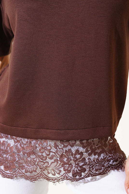T-shirt en modal avec dentelle, couleur café