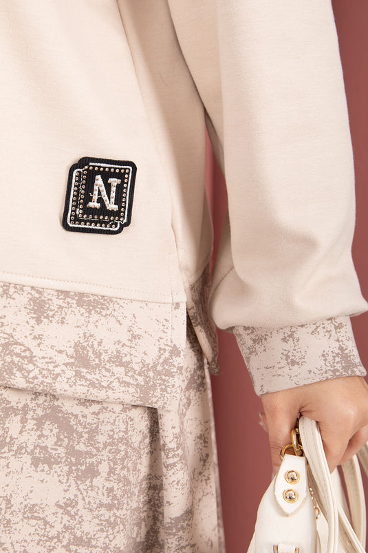 Modern Desen Garnili Tesettür Etekli Takım Bej