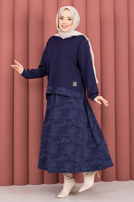 Completo gonna hijab con rifiniture a fantasia moderna, blu navy
