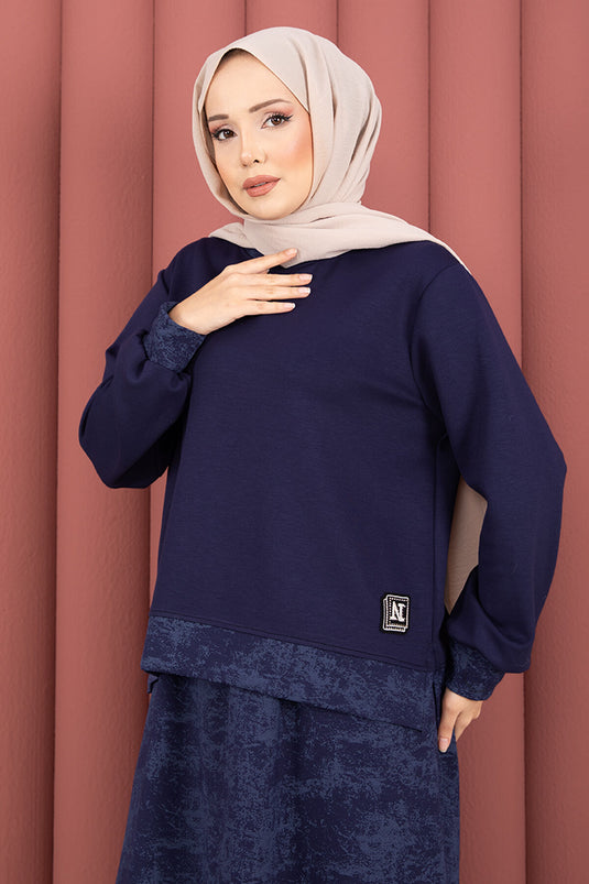 Completo gonna hijab con rifiniture a fantasia moderna, blu navy