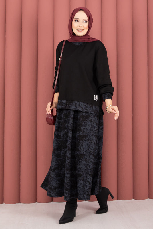 Ensemble jupe hijab à motifs modernes, noir