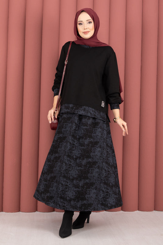 Completo gonna hijab con rifiniture a fantasia moderna, nero