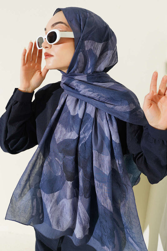 Moderner Blumenmuster Bambus Crêpe Schal Dunkelblau