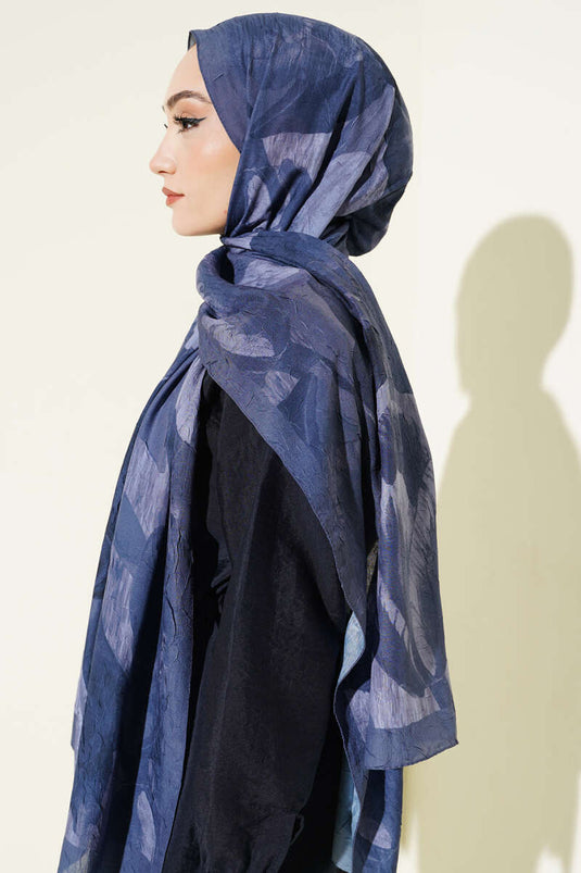 Moderner Blumenmuster Bambus Crêpe Schal Dunkelblau