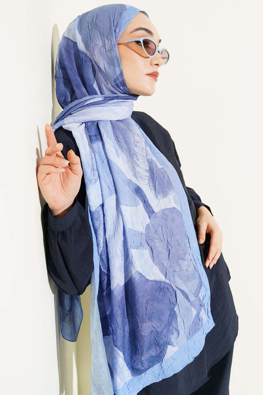 Modern Floral Desen Bambu Kraş Şal Mavi