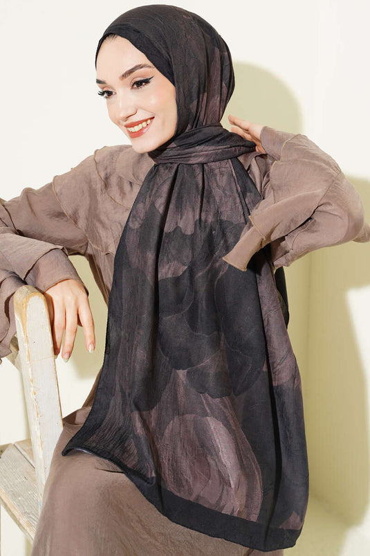 Modern Floral Desen Bambu Kraş Şal Siyah