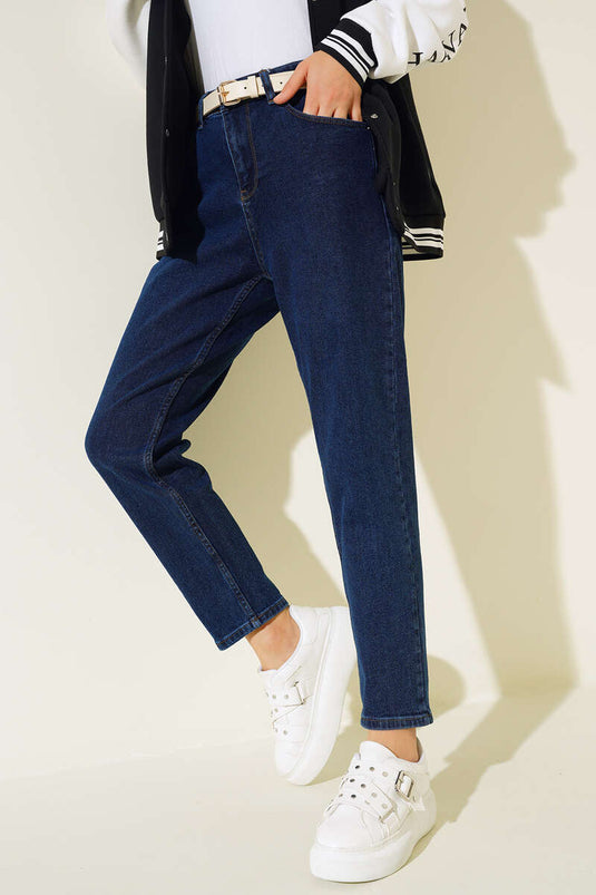 Mom Friend Düz Jean Pantolon Lacivert