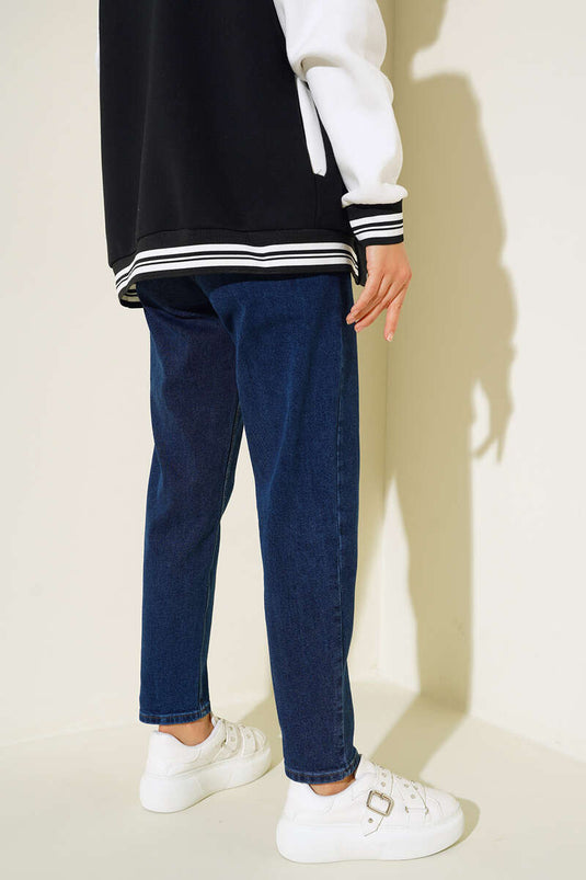 Mom Friend Düz Jean Pantolon Lacivert