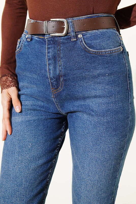 Mom Kemerli Kot Pantolon Mavi