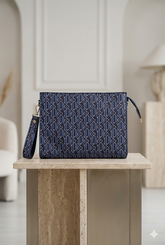 Sac pochette à monogramme motif bleu marine