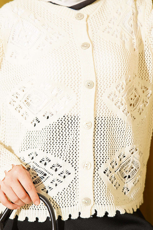 Cardigan court ajouré à motif beige