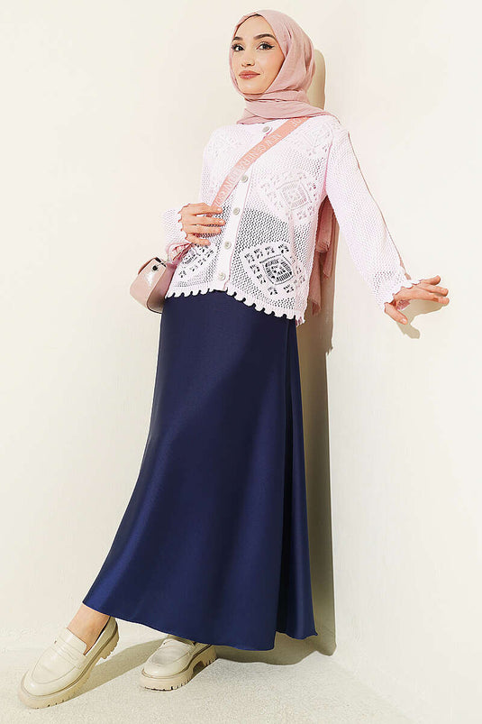 Motif Desen Ajurlu Kısa Hırka Pembe