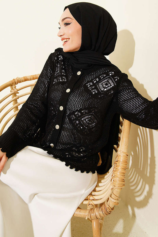 Cardigan court ajouré à motif noir