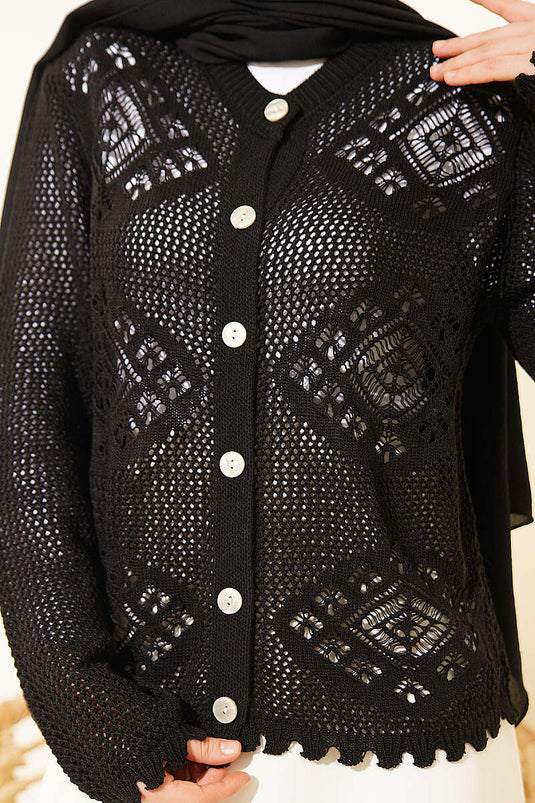 Cardigan court ajouré à motif noir