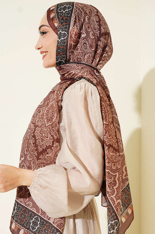 Motif Desenli Soft Şal Kestane
