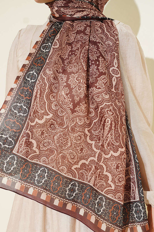 Motif Desenli Soft Şal Kestane