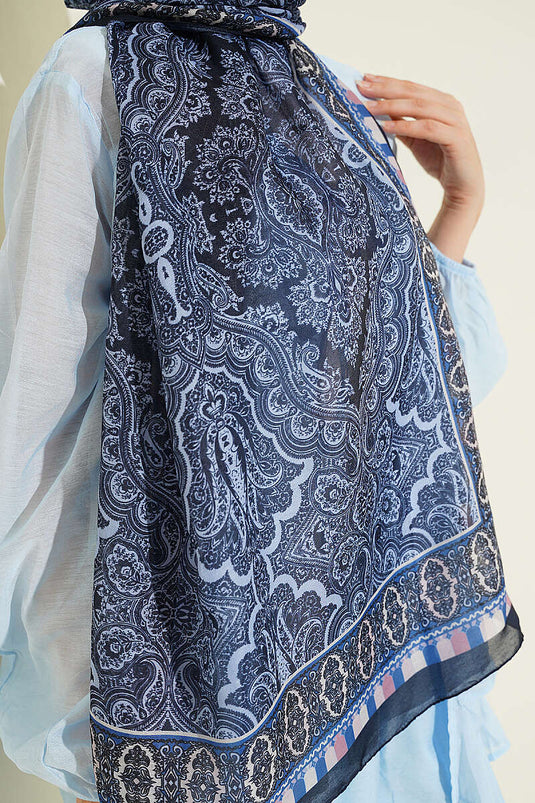 Motif Desenli Soft Şal Lacivert Mavi