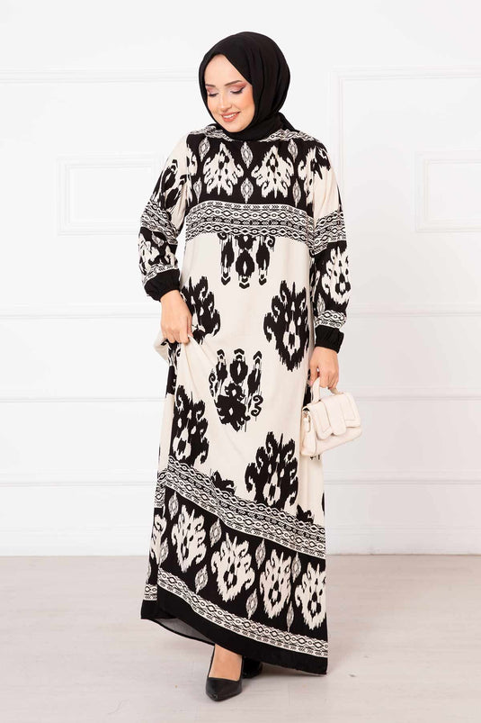 Patterned Viscose Hijab Dress Cream