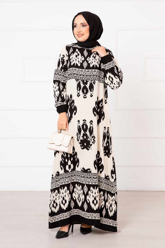 Patterned Viscose Hijab Dress Cream