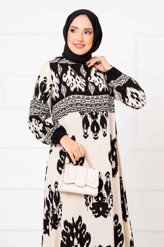 Patterned Viscose Hijab Dress Cream