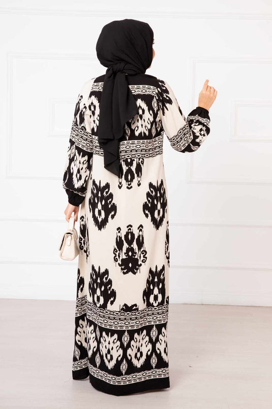 Patterned Viscose Hijab Dress Cream