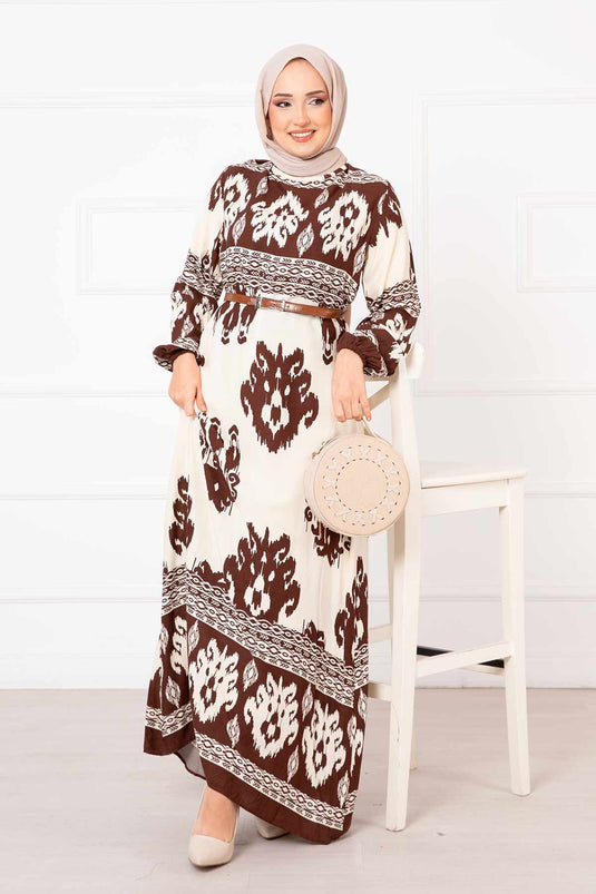 Patterned Viscose Hijab Dress Brown