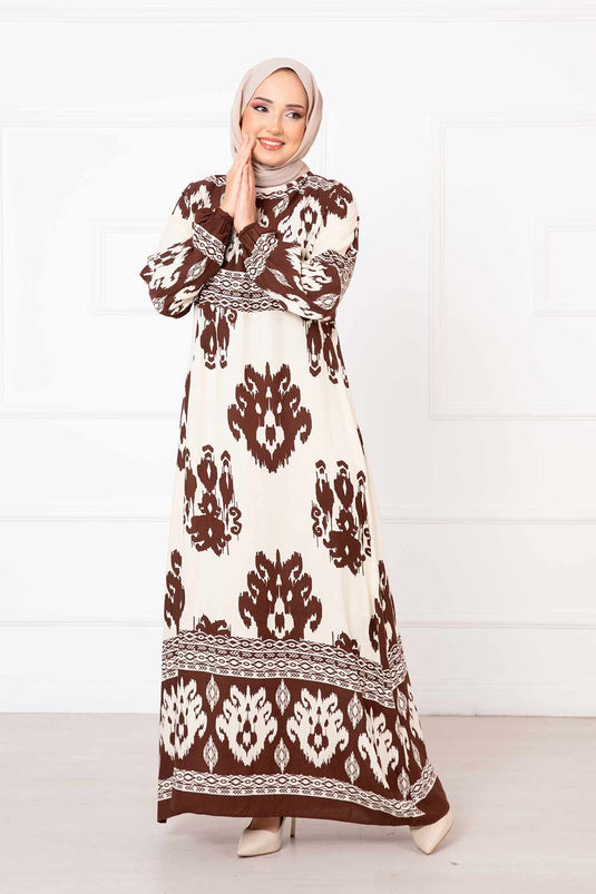 Patterned Viscose Hijab Dress Brown