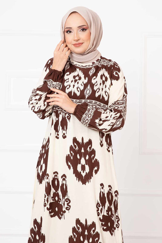 Vestido hijab de viscosa con estampado de motivos en marrón