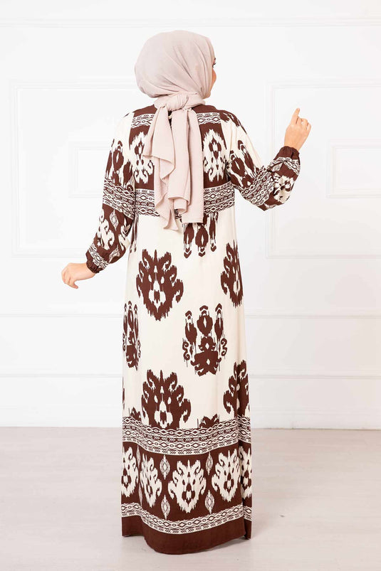 Vestido hijab de viscosa con estampado de motivos en marrón