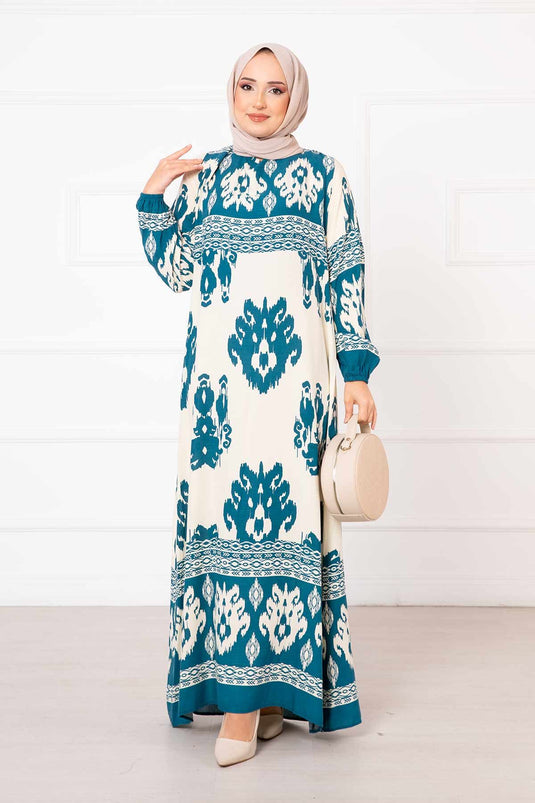 Patterned Viscose Hijab Dress Petrol