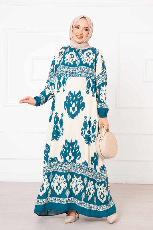 Patterned Viscose Hijab Dress Petrol