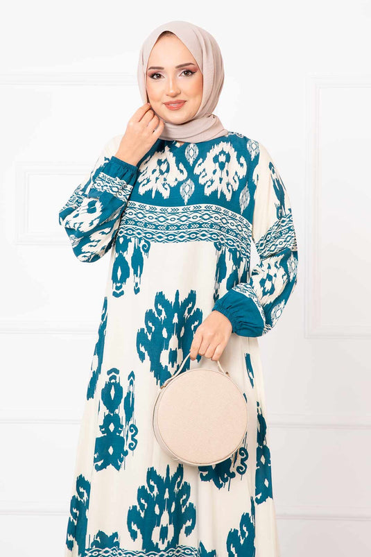 Patterned Viscose Hijab Dress Petrol